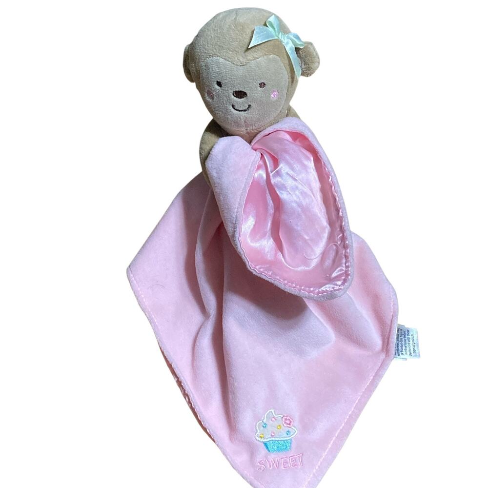 Carters Child of Mine Pink Lovey Monkey Sweet Cupcake Rattle Head Satin Security